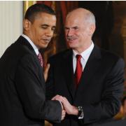 Zufriedenheit bei Papandreou (r): US-Präsident Obama unterstützt die Maßnahmen im Kampf gegen die Schuldenkrise in Griechenland.