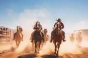 group of rugged cowboys riding a horses during rodeo