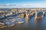Aerial view on the Elbe river towards Elbphilharmonie at sunset