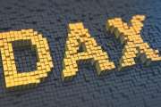 Deutscher Aktienindex (German stock index). Acronym DAX of the yellow square pixels on a black matrix background. 3D illustration jpeg
