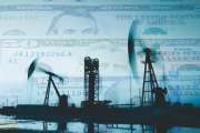 Petroleum, petrodollar and crude oil concept, Oil pump on background of US dollar, Dollars and oil pumps