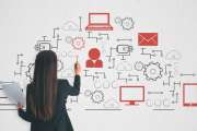 Businesswoman drawing creative digital network sketch on white background. Innovation and cloud computing concept