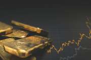 3D illustration of gold ingots over black background with a chart. Financial concept, horizontal image.