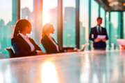 A corporate meeting scene in a high-rise office with blurred people in formal attire discussing business during golden hour with cityscape view.