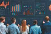 Professionals analyzing data on a digital interactive wall display. Corporate team strategy session..