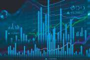 Concept of stock market and fintech forex concept. Blurry blue digital charts over dark blue background. Futuristic financial interface. 3d render illustration.