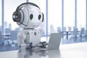 Automation customer service concept with 3d rendering cute robot working with headset and notebook