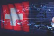 Businessman touching data analytics process system with KPI financial charts, dashboard of stock and marketing on virtual interface. With Switzerland flag in background.