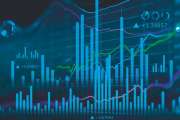 Concept of stock market and fintech forex concept. Blurry blue digital charts over dark blue background. Futuristic financial interface. 3d render illustration.