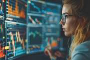 Team of business people engaged in strategy analysis during a stock market recession, focus on interactive data screens, modern office, professional and dynamic. Generative AI.