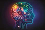 Vibrant colorful AI logo featuring a stylized human head outline with gears, circuits, and thought bubbles, symbolizing innovation and intellect.