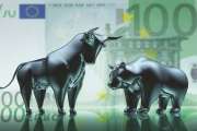 Silver Bull and Bear with 100 Euro Banknote Background