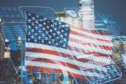 Multi exposure of stats data illustration on USA flag and blurry cityscape background, computing and analytics concept