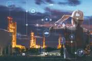 Double exposure of Engineer with oil refinery industry plant background, industrial instruments in the factory and physical system icons concept, Industry 4.0 concept image