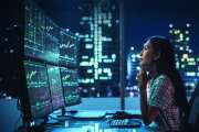 Portrait of a Financial Analyst Working on Computer with Multi-Monitor Workstation with Real-Time Stocks, Commodities and Exchange Market Charts. Businesswoman at Work in Investment Broker Agency.