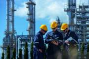 Engineer working using tablet together at station refining oil petrochemical. Technician worker check quality oil industry factory. Inspector standing at zone gas with refinery building background.