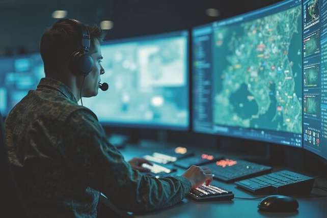 Military personnel in control room monitors tactical data on screens. Soldier wearing headset operates simulation technology, analyzing mission strategy coordinating operations in modern defense