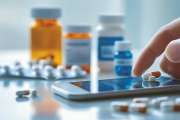 Close-up of hand using smartphone app with prescription bottles and pills in background on white table, Concept of digital healthcare, online pharmacy learning and telemedicine convenience.