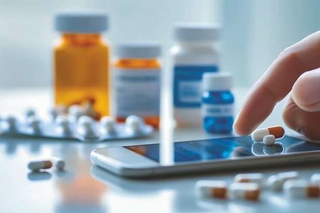 Close-up of hand using smartphone app with prescription bottles and pills in background on white table, Concept of digital healthcare, online pharmacy learning and telemedicine convenience.