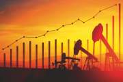 3d illustration of oil pump jacks and financial analytics charts and bars on sunset sky background. Concept of growing oil prices