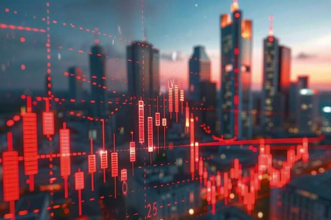 A large screen displaying a downward trend in a stock market graph, set against a backdrop of towering skyscrapers in Frankfurt, Germany.