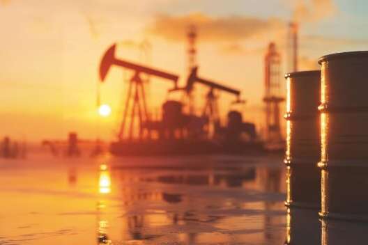 Oil barrels and drilling rigs at sunset. Industrial site with equipment against sunset sky reflection. Energy industry concept.