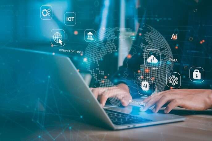 Businessman use computer global internet network connection for Digital Marketing, Financial, and banking, Digital link tech, technology AI, and big data. innovative technology IoT Internet of things.