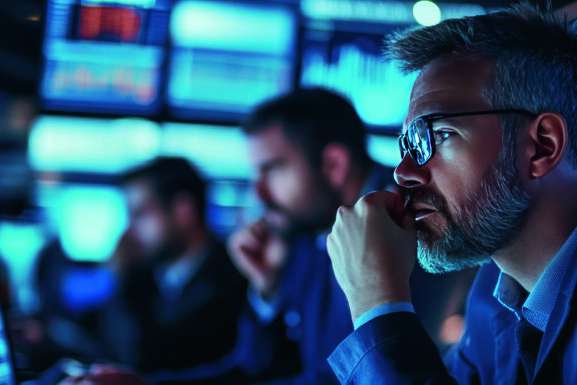 Team of investors works late at night in an office, analyzing charts and data on computer screens, discussing strategies for success in the financial market