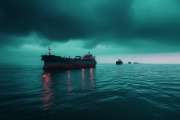 Large unmarked oil tanker stopped at sea under stormy sky, lone vessel reflection on calm water, atmosphere of isolation and maritime standoff.