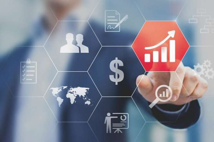 Boost your business concept. Businessman touching buttons with solutions to increase profit and get success