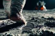 Close-up of astronaut's feet in spacesuit walking on lunar surface