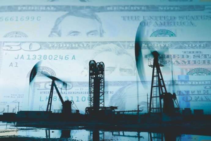 Petroleum, petrodollar and crude oil concept, Oil pump on background of US dollar, Dollars and oil pumps