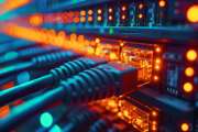 Internet LAN cable In a modern server room For storing and transmitting information through a secure internet technology network.