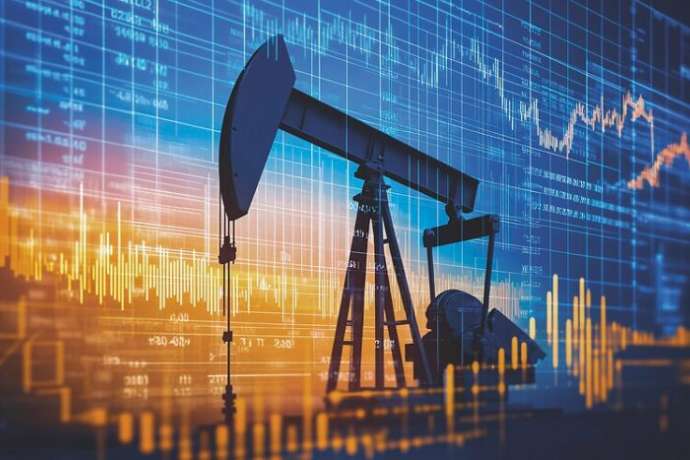 An oil pump is depicted against the backdrop of a cityscape with high-rise buildings and a sunset sky. The image includes a graphic with charts and diagrams that symbolize financial markets and economic indicators.