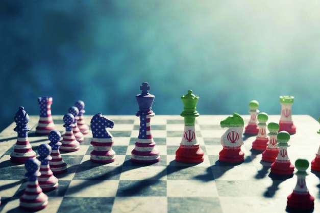 A chessboard features creatively painted pieces in red, white, and blue, with a dove soaring above, illuminated by soft light