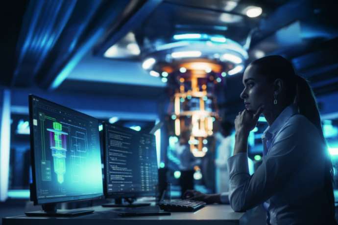 Smart Female Engineer Working Behind a Desk on a Computer. Scientist Optimizing Software Code of a Quantum Processor, Building a Visual Model of the Quantum Computing Architecture