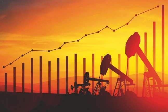 3d illustration of oil pump jacks and financial analytics charts and bars on sunset sky background. Concept of growing oil prices