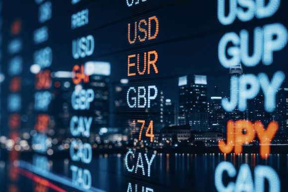 A city skyline illuminated at night, displaying a digital currency exchange board showing various currency rates, including USD, EUR, and JPY.