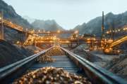 Conveyor belt system transporting raw materials in mining facility, showcasing vibrant industrial scene with illuminated machinery and piles of ore. atmosphere is dynamic and industrious.