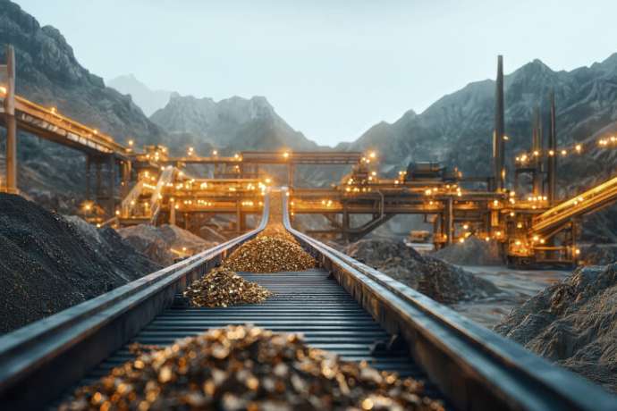 Conveyor belt system transporting raw materials in mining facility, showcasing vibrant industrial scene with illuminated machinery and piles of ore. atmosphere is dynamic and industrious.
