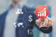 Boost your business concept. Businessman touching buttons with solutions to increase profit and get success