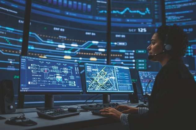 Professional IT Technical Support Specialists and Software Programmer Working on Computers in Monitoring Control Room with Digital Screens with Server Data, Blockchain Network and Surveillance Maps.