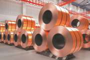 3d rendering roll of copper sheets or heap of copper tapes in factory