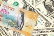 A close up image of a New Zealand five dollar bill with United States one dollar bills in macro
