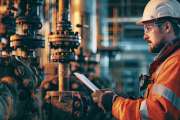 Male worker inspection at valve of visual check record pipeline oil and gas industry. Copy space image. Place for adding text