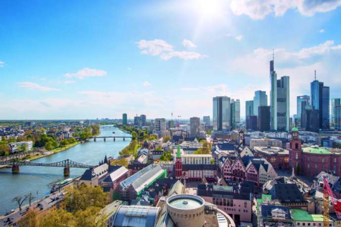 View of skyline at center business district in Frankfurt, Germany. Frankfurt is financial business center of Germany and Europe.