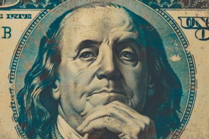 An aged dollar bill with a portrait of Benjamin Franklin, featuring notable wear and aged spots, highlighting its historical significance.
