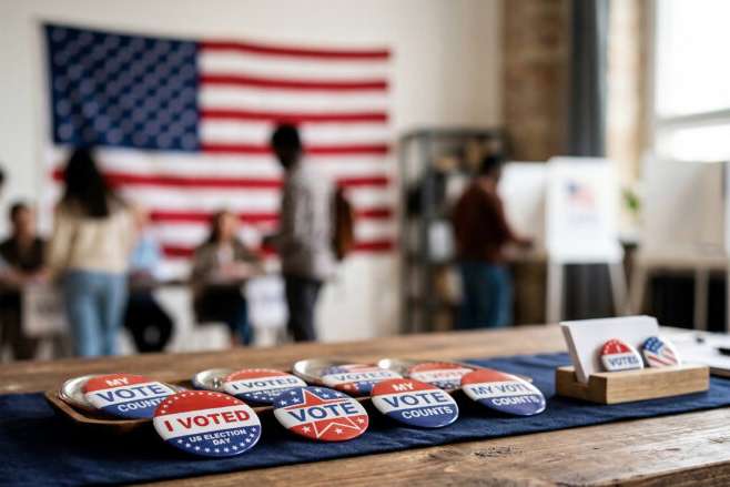 Voting pins on table at US polling station with poll workers, voters and privacy booths in the blurred background during election day