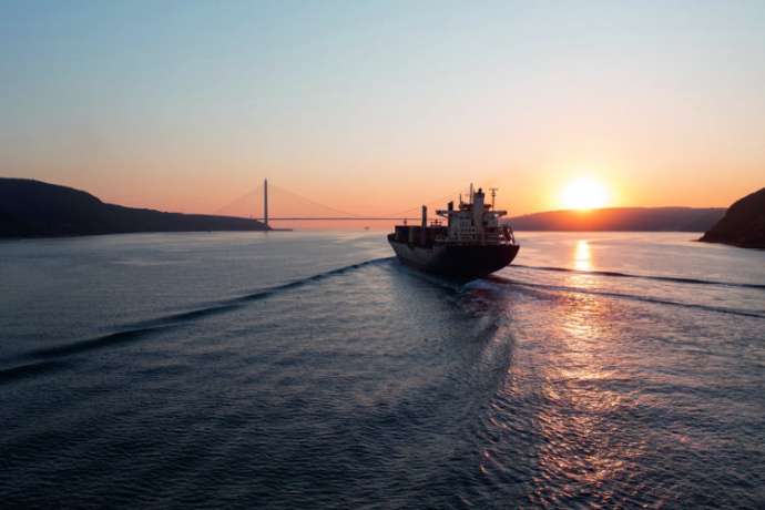 Concept of maritime trade protection, logistics cybersecurity, and global supply chain safety Blocking the Strait of Hormuz