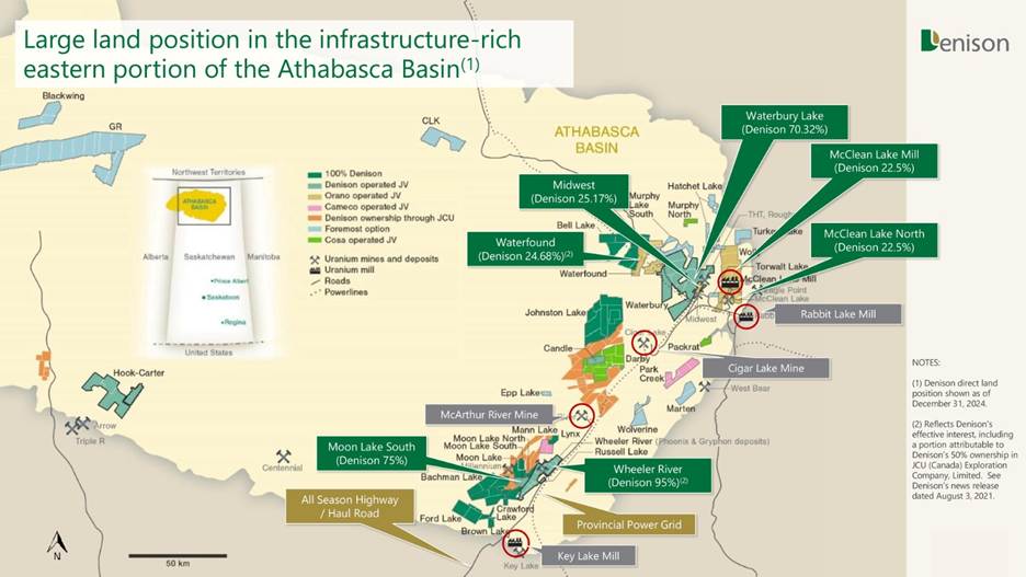Map showing Denison land position in eastern portion of the Athabasca Basin as of December 31, 2024